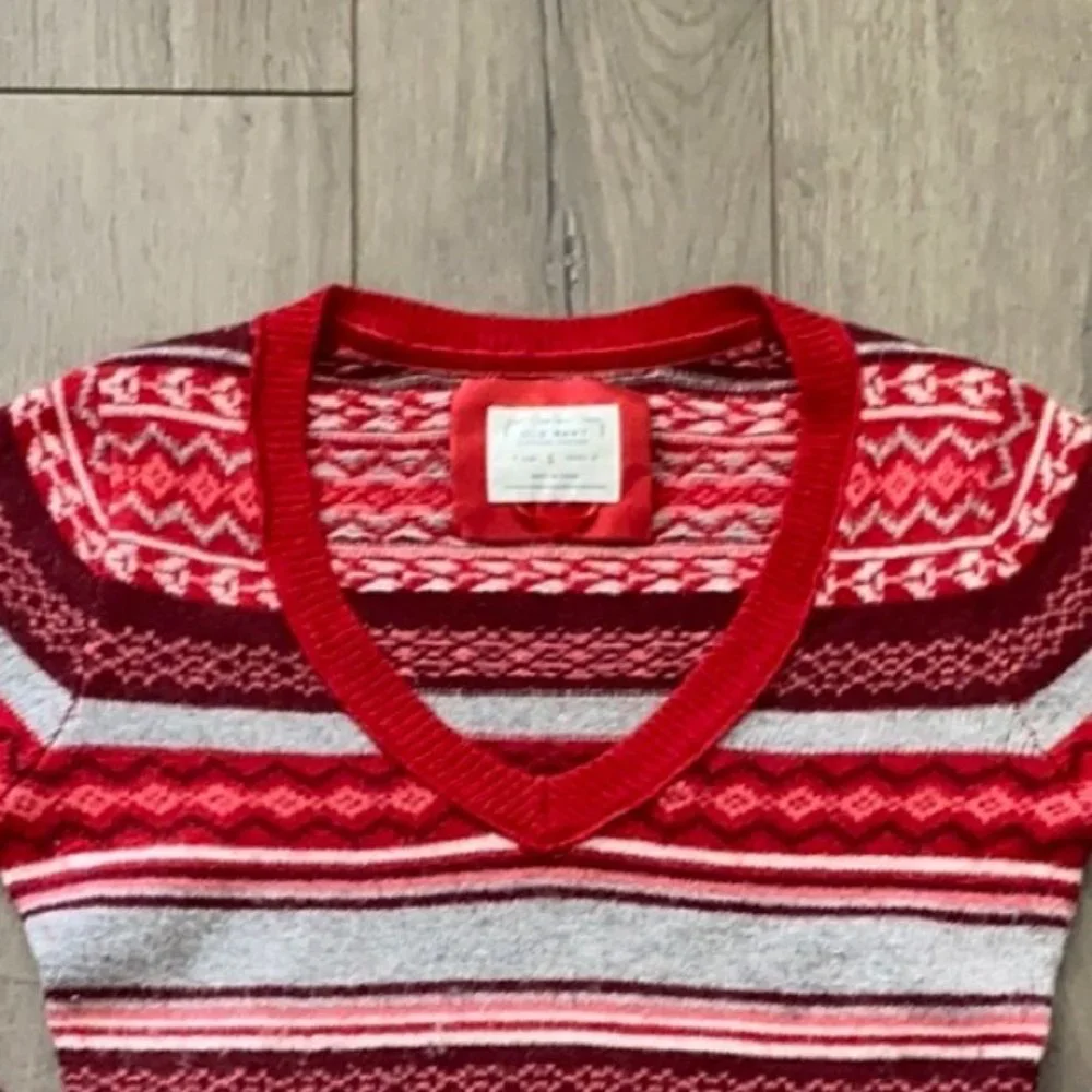 Old Navy Girls Red Fair Isle V-Neck Long Sleeve Sweater Sz SM